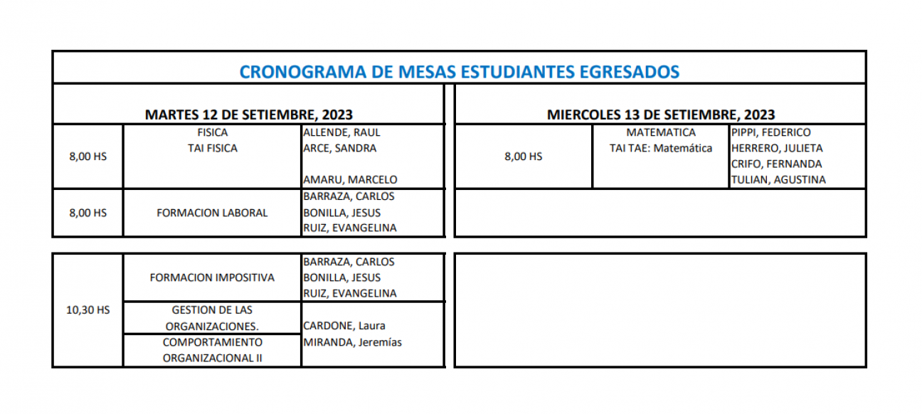 imagen Cronograma de mesas de exámenes de septiembre