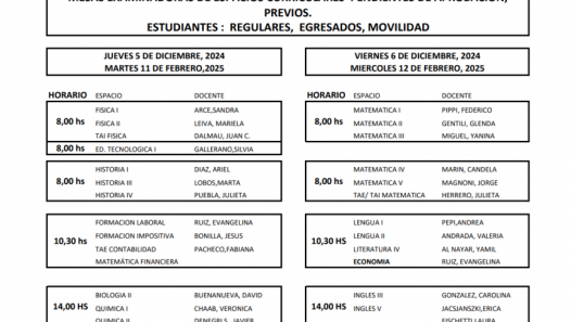 imagen Cronograma para mesas de estudiantes egresados que adeudan espacios curriculares y previos regulares