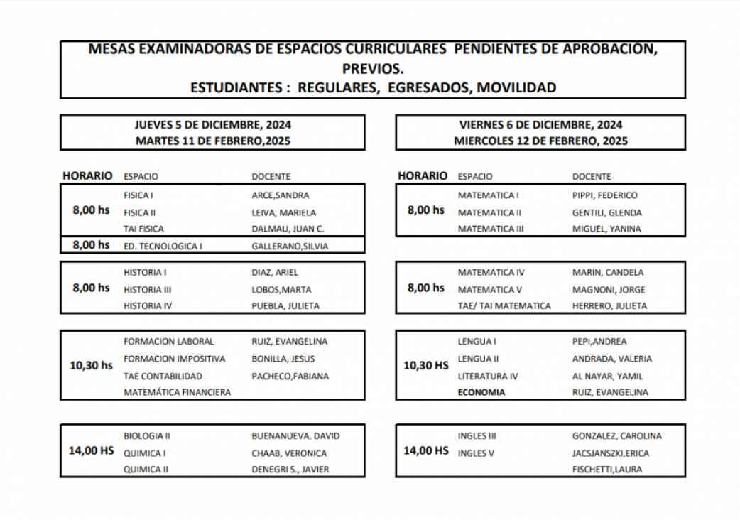 imagen Cronograma para mesas de estudiantes egresados que adeudan espacios curriculares y previos regulares